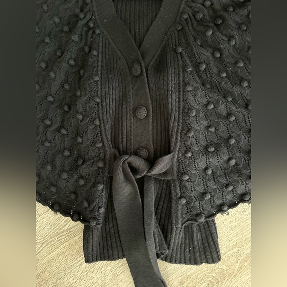 Rebecca Taylor Black Wool Blend Pompom Tie Front Cardigan Sweater - Picture 7 of 8